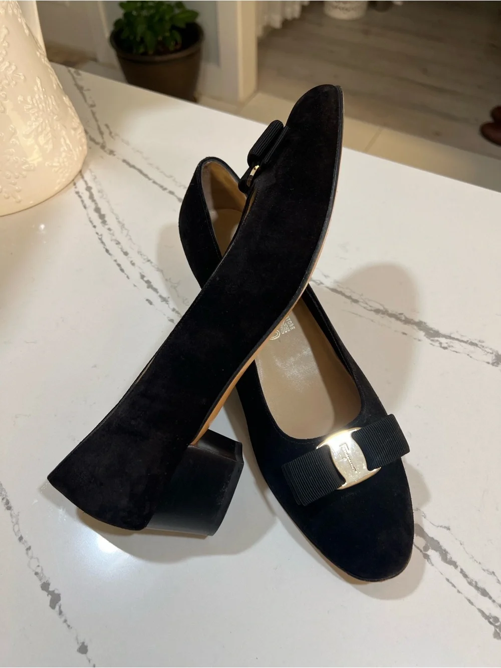 Salvatore Ferragamo Black Suede Vara Bow Pumps with Gold Hardware size W 11.5